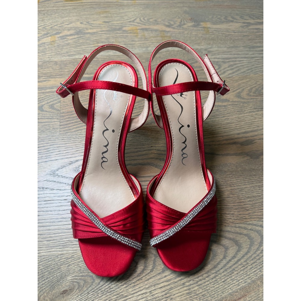 Nina Red Satin Rhinestone Ankle Strap Evening Sandals Heels 8.5M - Picture 3 of 6